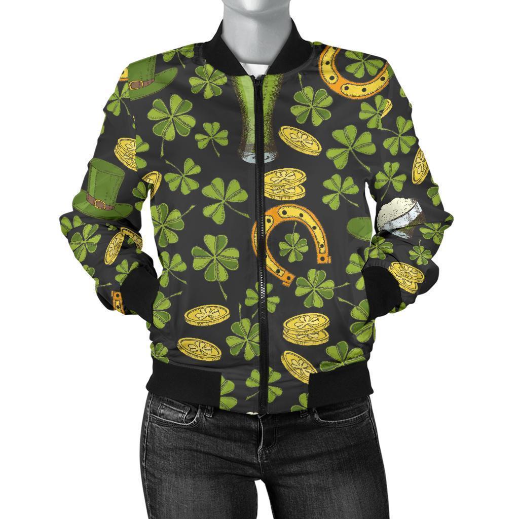 St Patrick's Day Leprechaun Beer Pattern Print Women Casual Bomber Jacket-grizzshop