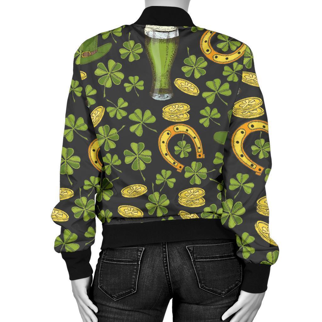 St Patrick's Day Leprechaun Beer Pattern Print Women Casual Bomber Jacket-grizzshop