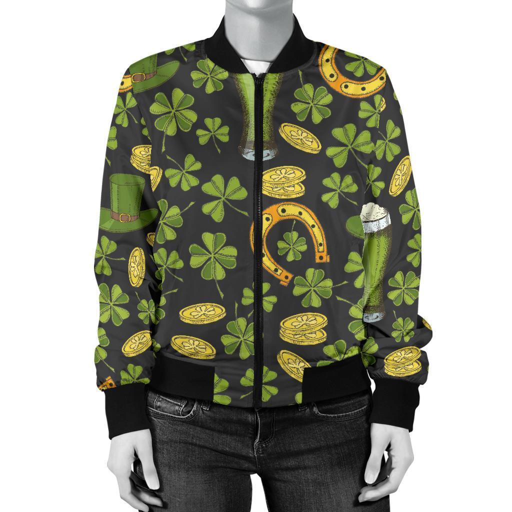 St Patrick's Day Leprechaun Beer Pattern Print Women Casual Bomber Jacket-grizzshop