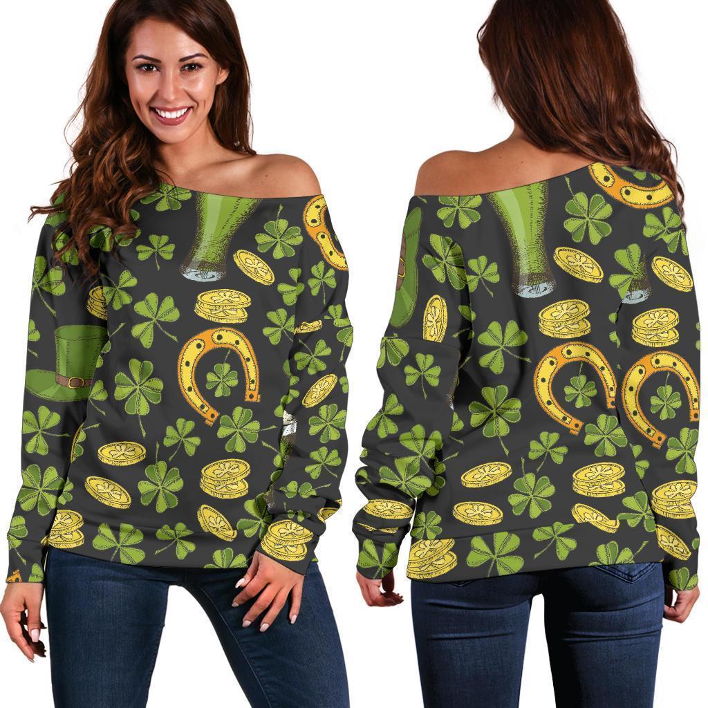 St Patrick's Day Leprechaun Beer Pattern Print Women Off Shoulder Sweatshirt-grizzshop