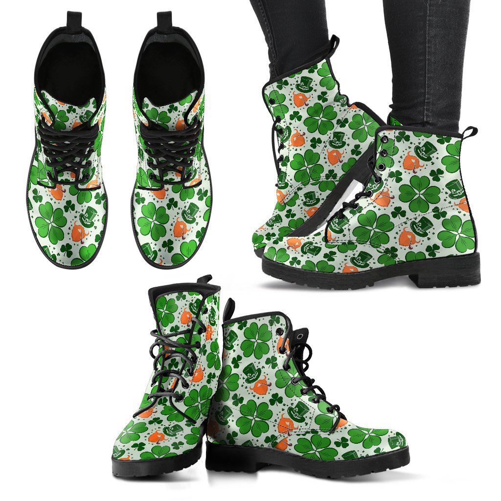 St Patrick's Day Leprechaun Pattern Print Men Women Leather Boots-grizzshop