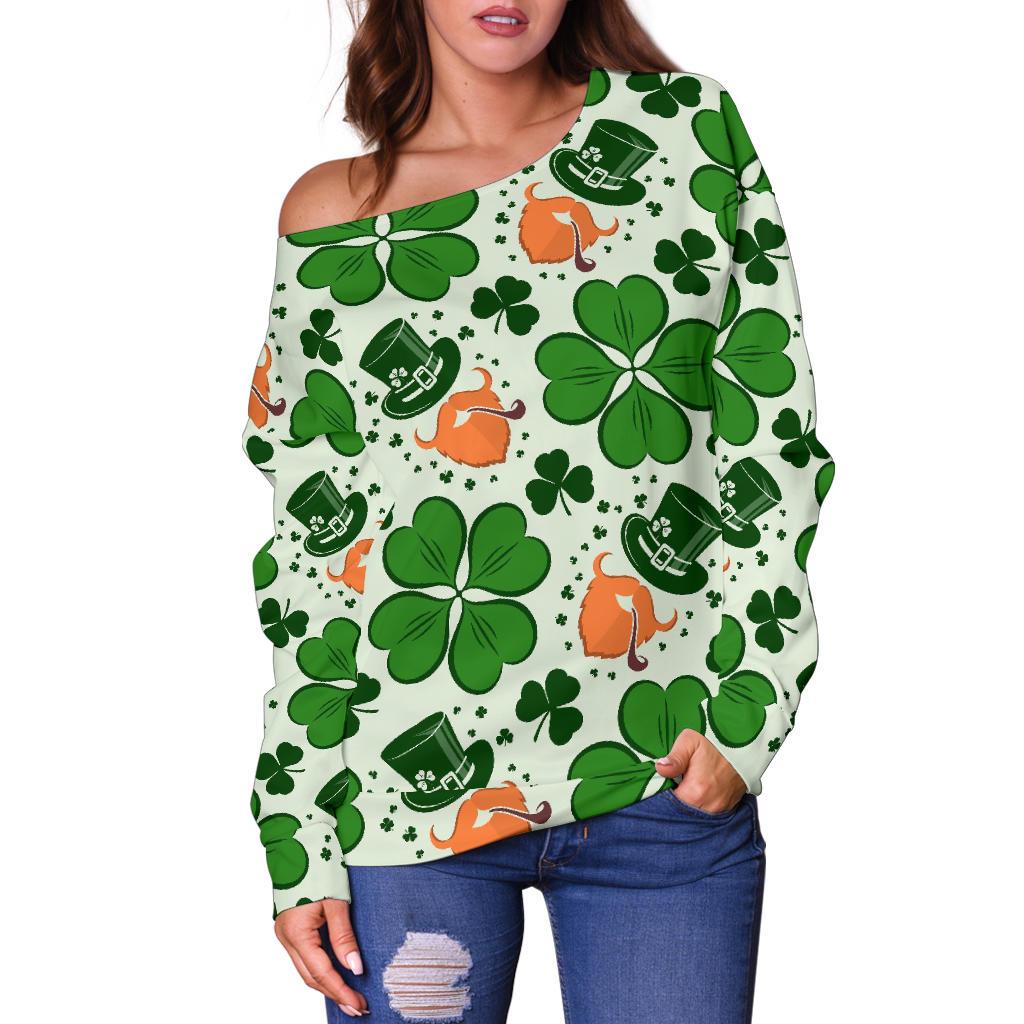 St Patrick's Day Leprechaun Pattern Print Women Off Shoulder Sweatshirt-grizzshop