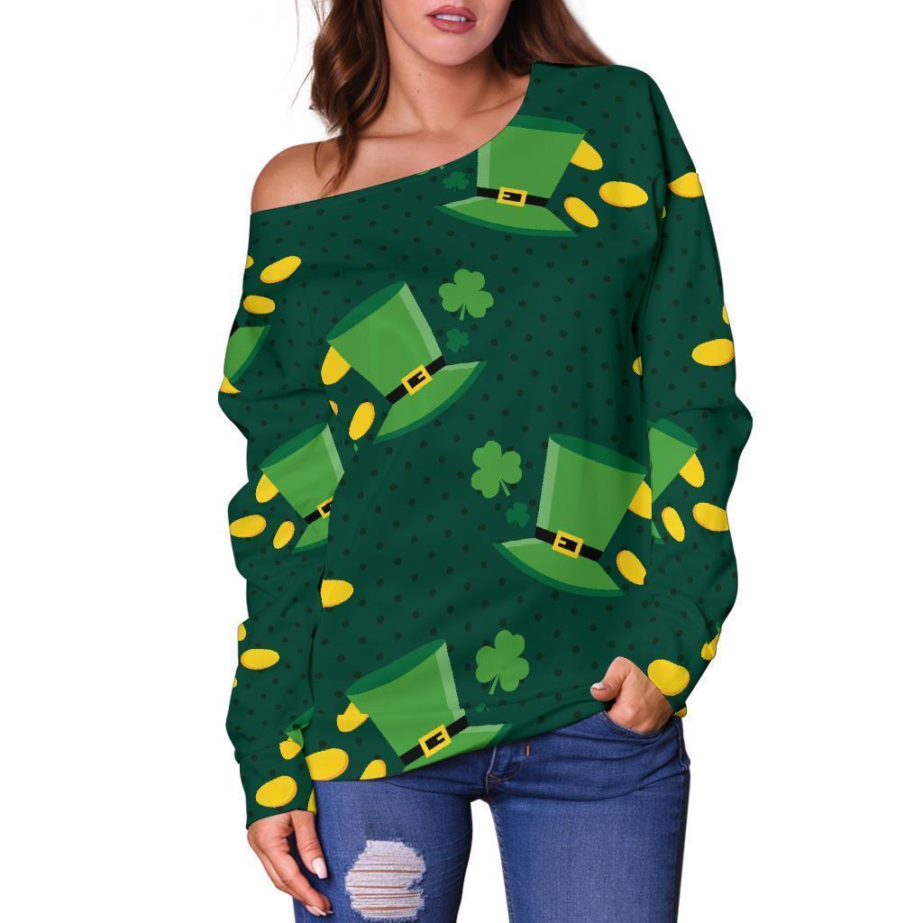 St Patrick's Day Leprechaun Print Pattern Women Off Shoulder Sweatshirt-grizzshop