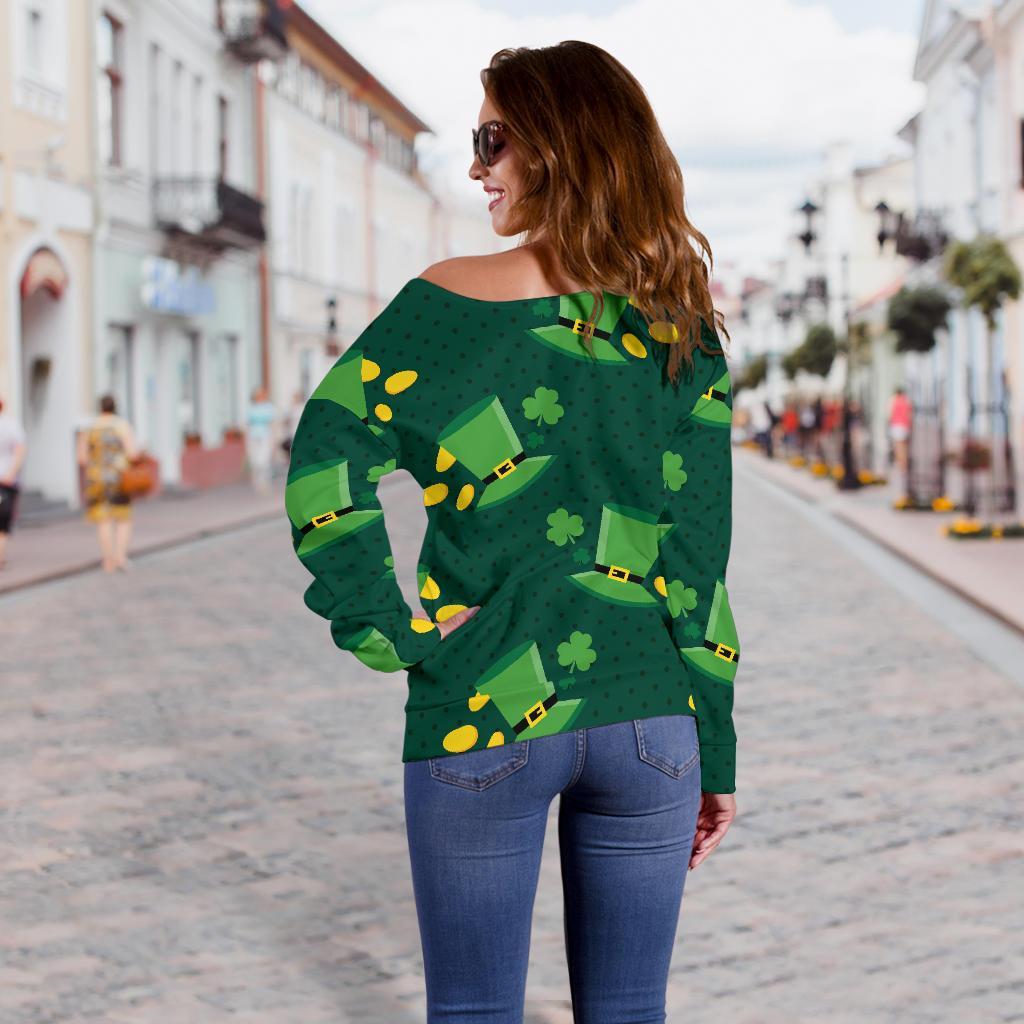 St Patrick's Day Leprechaun Print Pattern Women Off Shoulder Sweatshirt-grizzshop