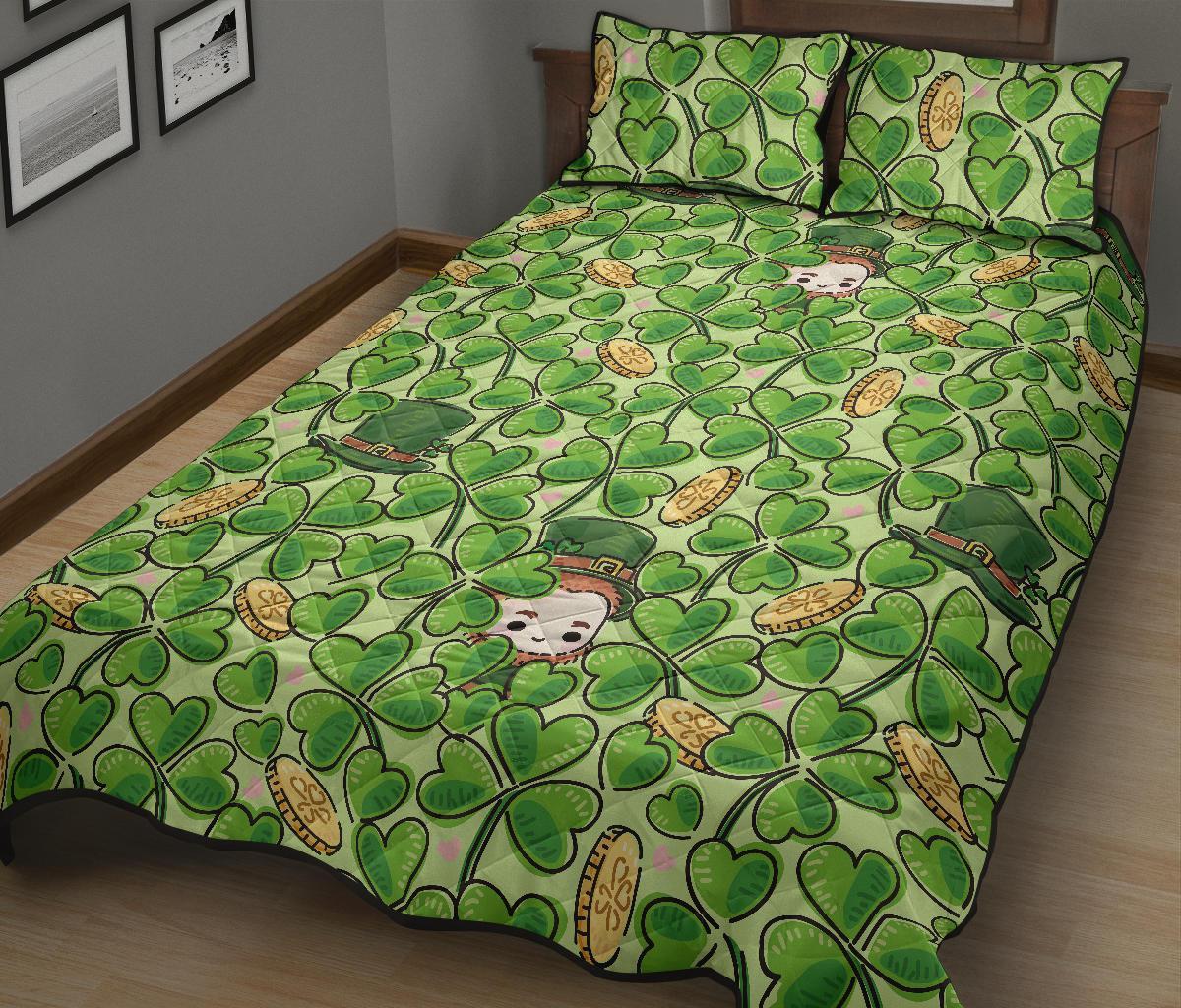 St Patrick's Day Shamrock Pattern Print Bed Set Quilt-grizzshop