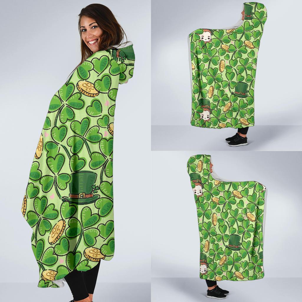 St Patrick's Day Shamrock Pattern Print Hooded Blanket-grizzshop