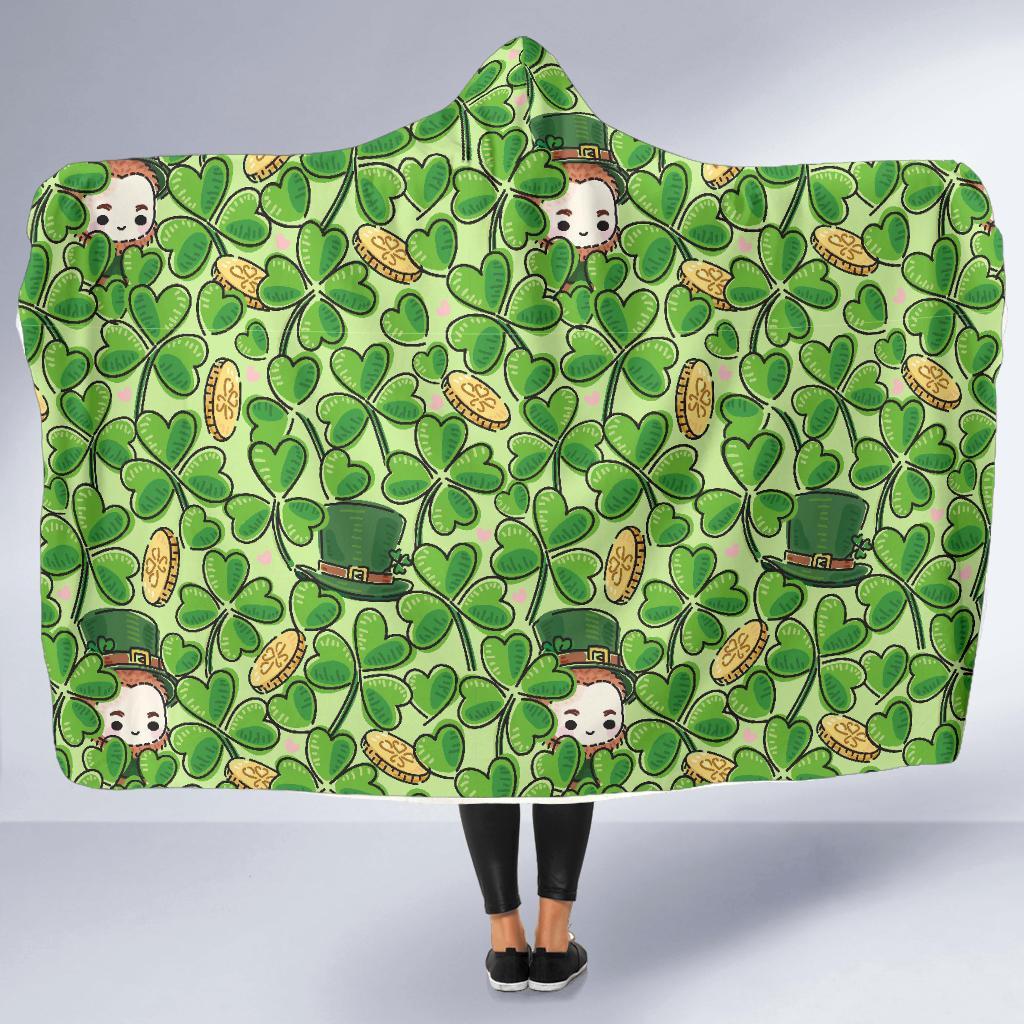 St Patrick's Day Shamrock Pattern Print Hooded Blanket-grizzshop