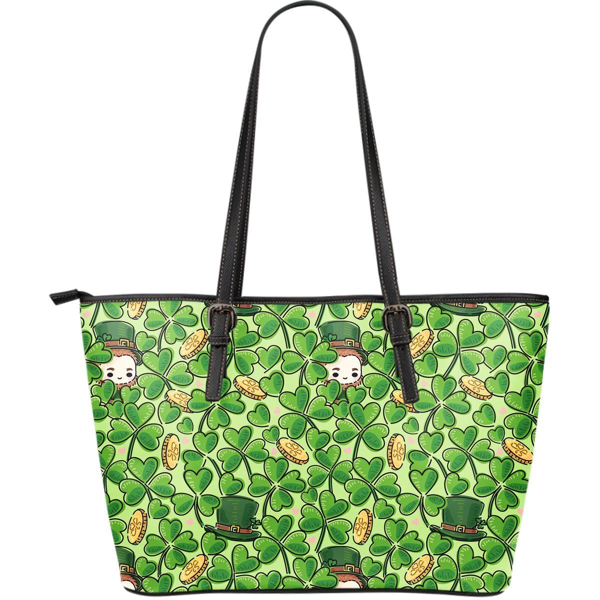 St Patrick's Day Shamrock Pattern Print Leather Tote Bag-grizzshop