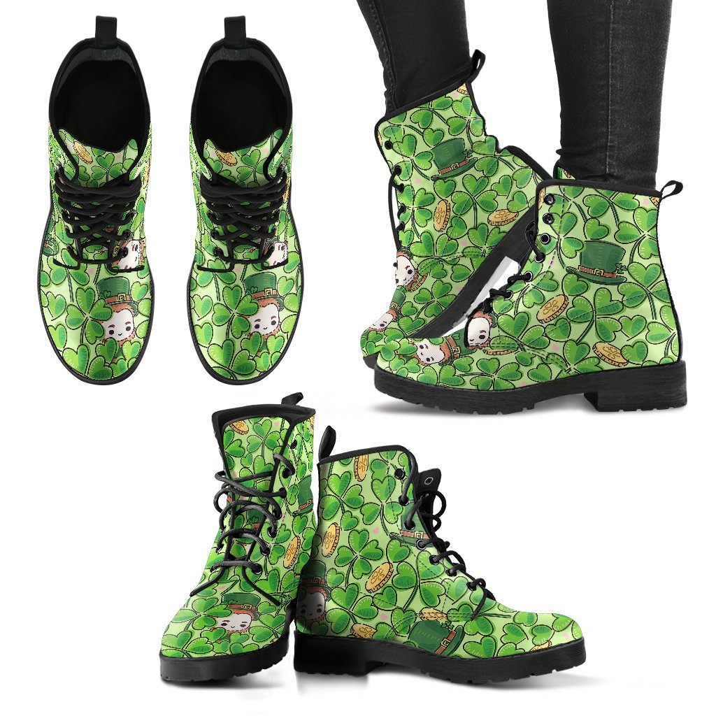 St Patrick's Day Shamrock Pattern Print Men Women Leather Boots-grizzshop