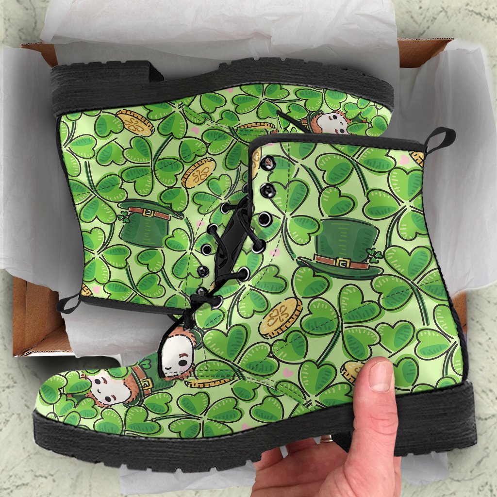 St Patrick's Day Shamrock Pattern Print Men Women Leather Boots-grizzshop