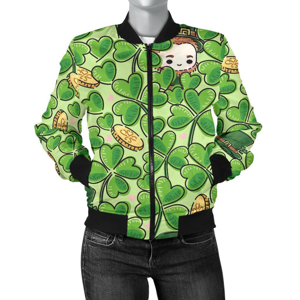 St Patrick's Day Shamrock Pattern Print Women Casual Bomber Jacket-grizzshop