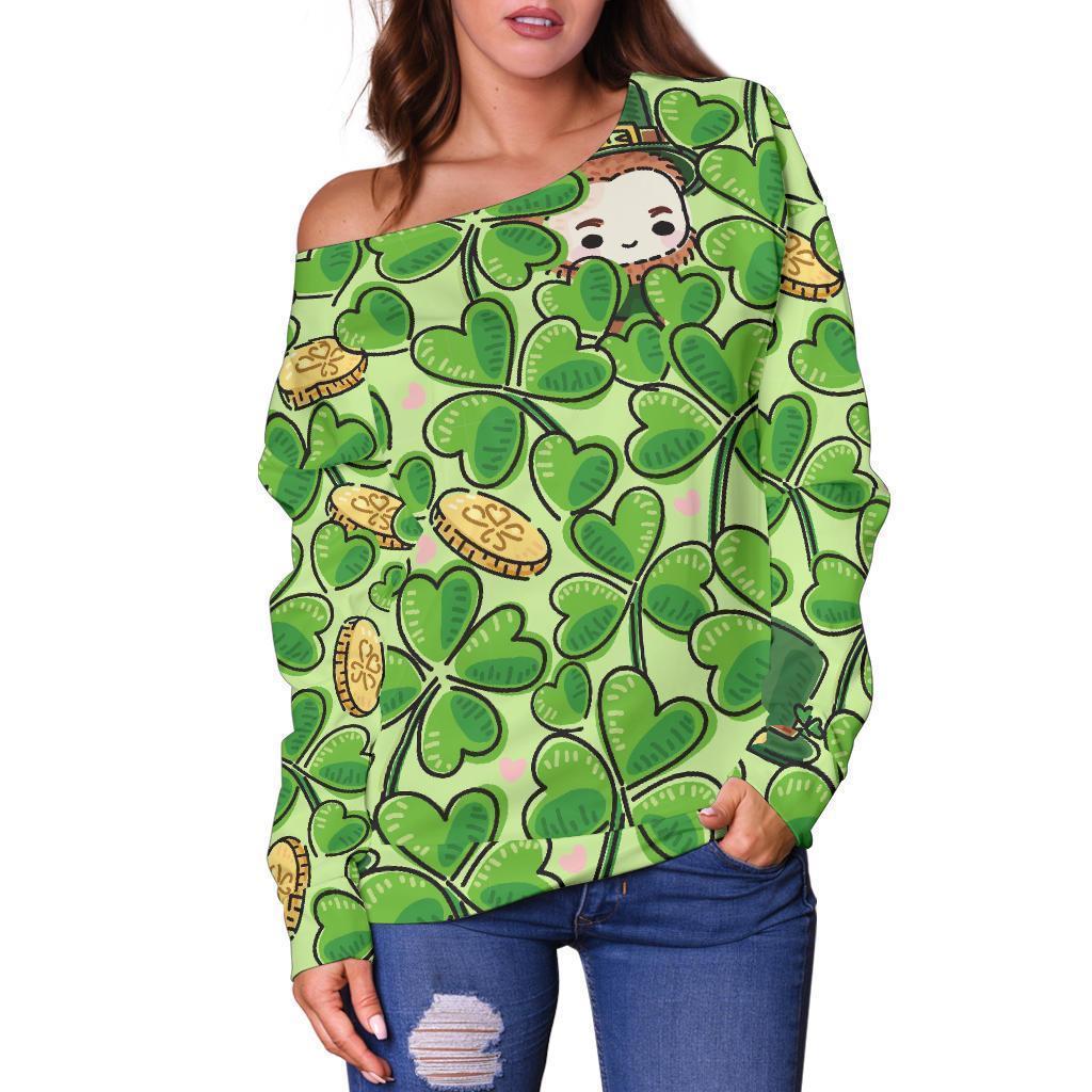 St Patrick's Day Shamrock Pattern Print Women Off Shoulder Sweatshirt-grizzshop