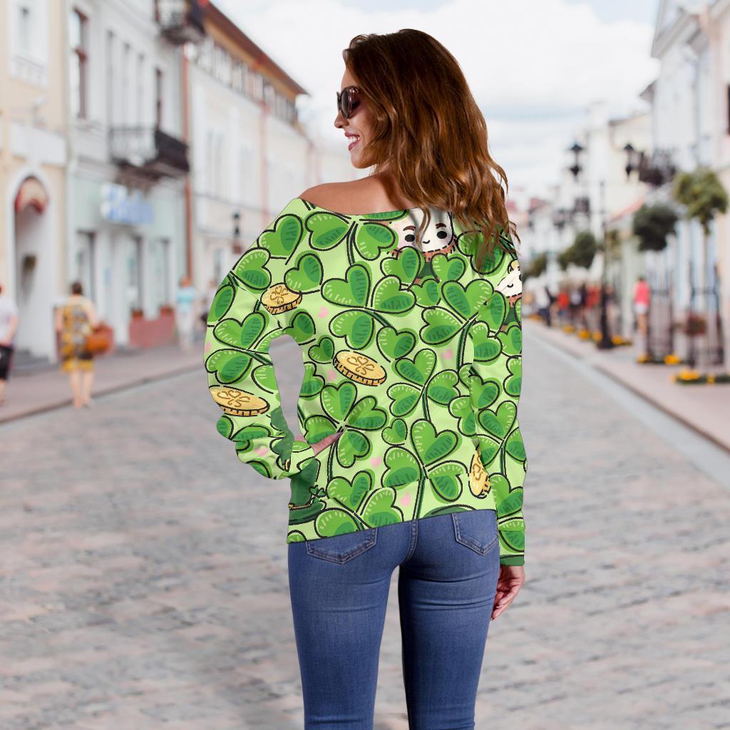 St Patrick's Day Shamrock Pattern Print Women Off Shoulder Sweatshirt-grizzshop