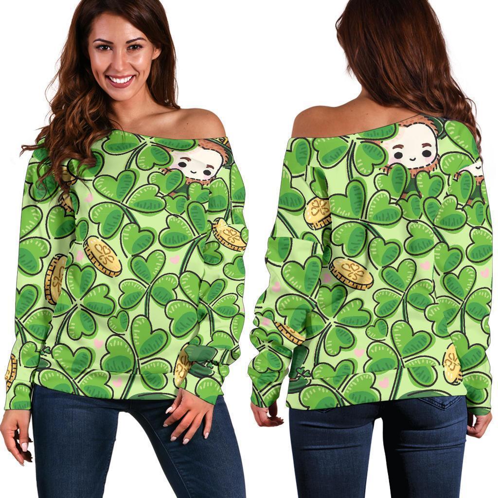 St Patrick's Day Shamrock Pattern Print Women Off Shoulder Sweatshirt-grizzshop