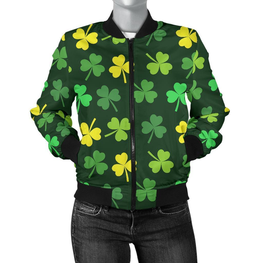 St Patrick's Day Shamrock Print Pattern Women Casual Bomber Jacket-grizzshop