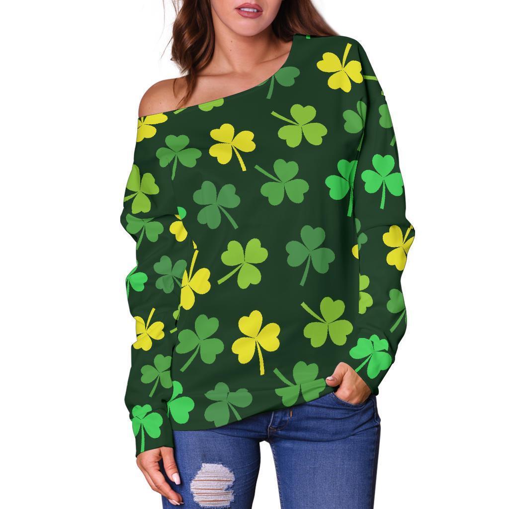 St Patrick's Day Shamrock Print Pattern Women Off Shoulder Sweatshirt-grizzshop