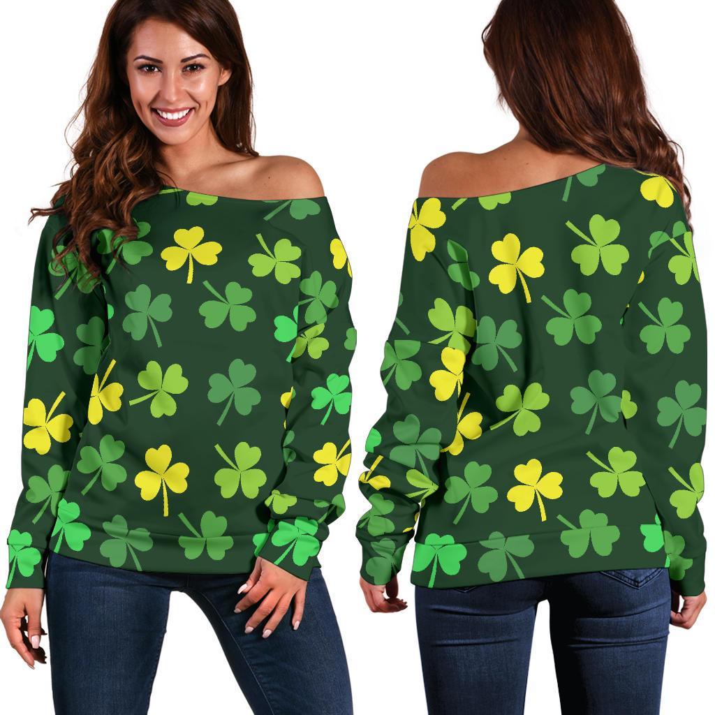 St Patrick's Day Shamrock Print Pattern Women Off Shoulder Sweatshirt-grizzshop