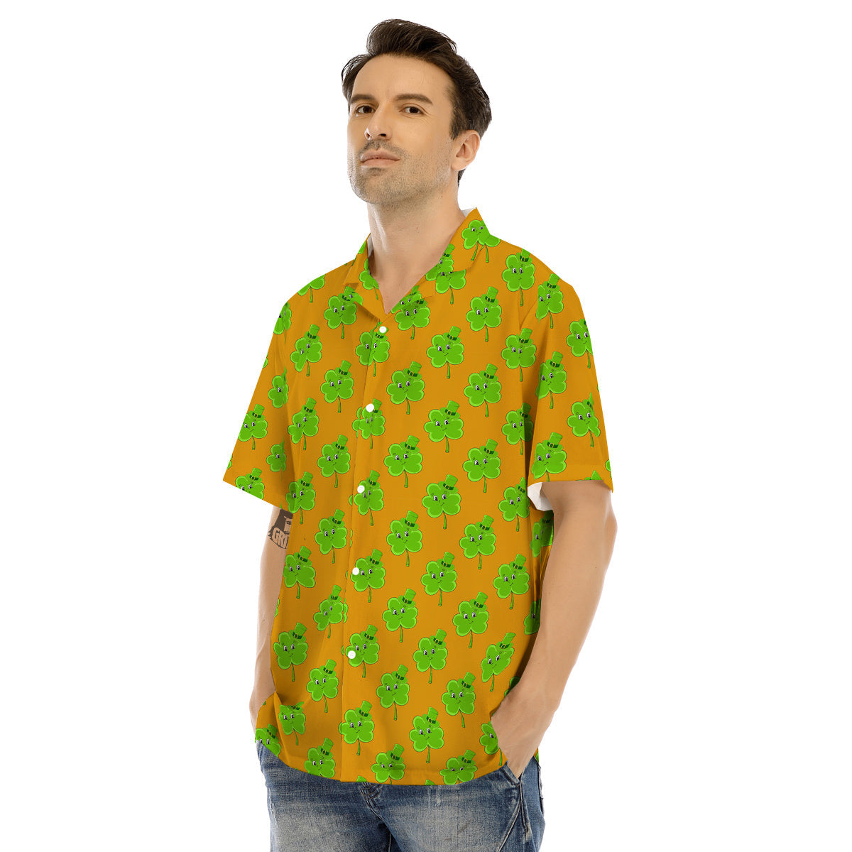 St. Patrick's Day Cute Clover Print Men's Hawaiian Shirt-grizzshop