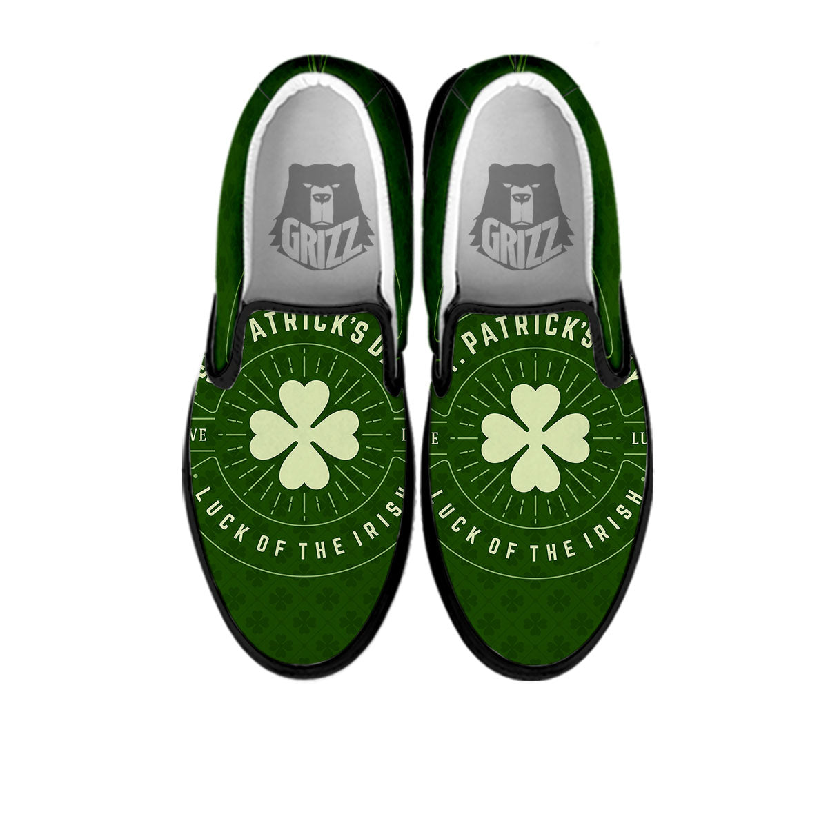 St. Patrick's Day Four Leaf Clover Print Black Slip On Shoes-grizzshop