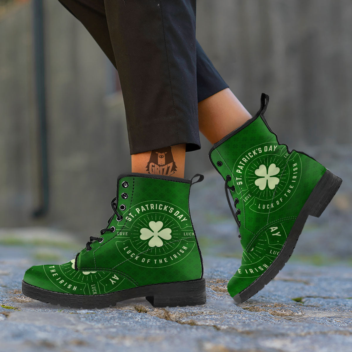 St. Patrick's Day Four Leaf Clover Print Leather Boots-grizzshop