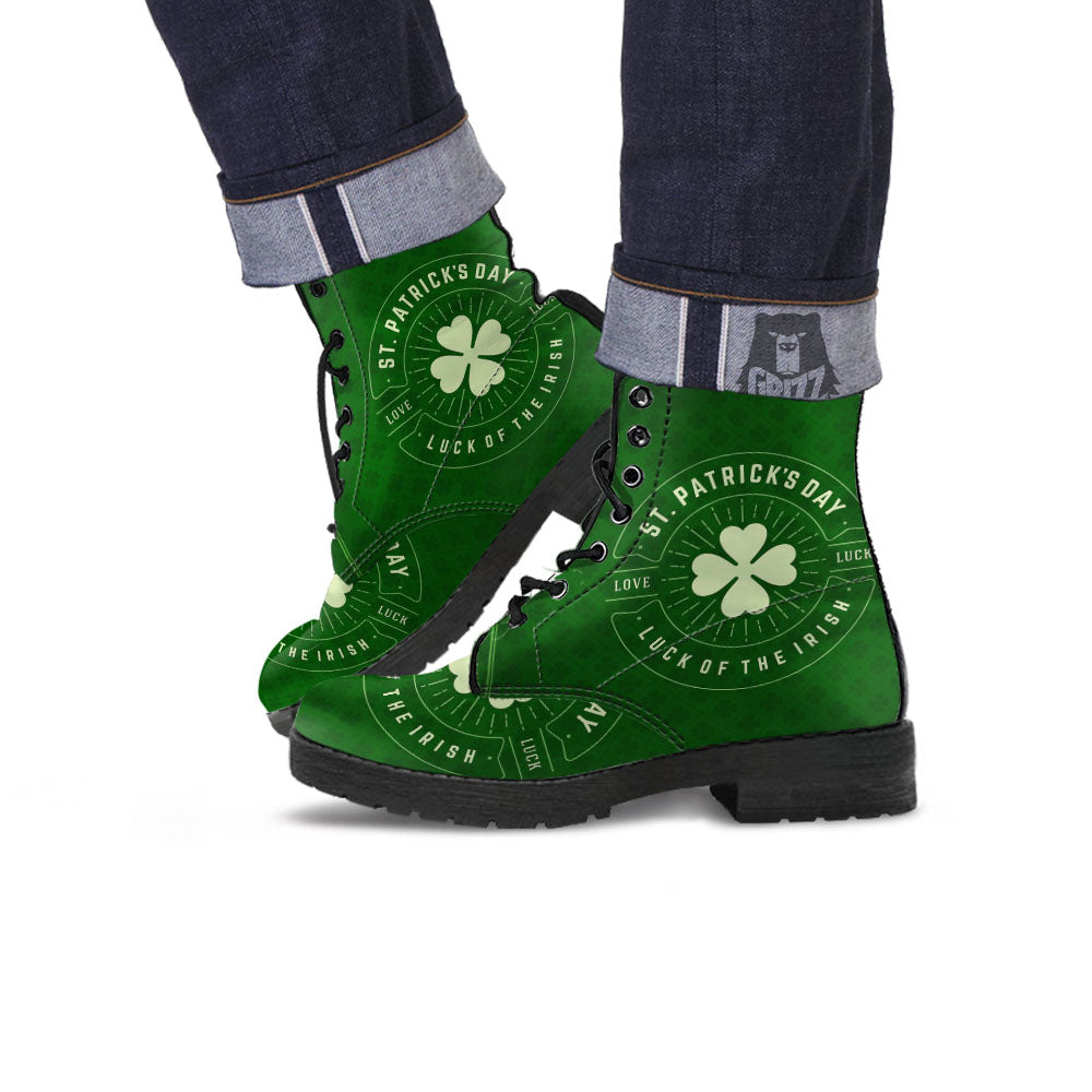 St. Patrick's Day Four Leaf Clover Print Leather Boots-grizzshop