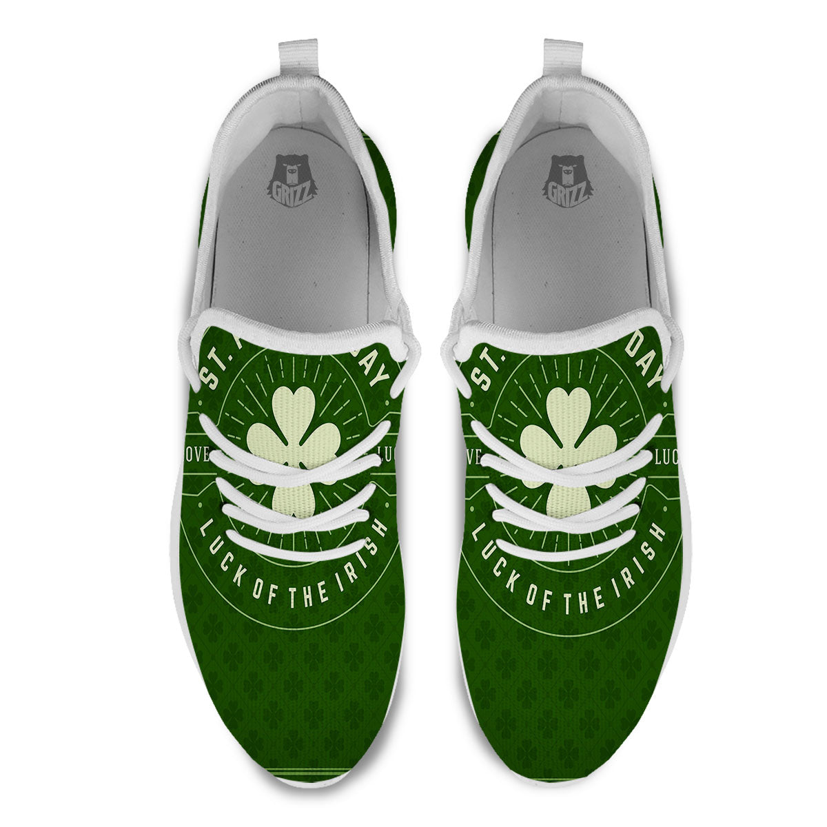 St. Patrick's Day Four Leaf Clover Print White Athletic Shoes-grizzshop