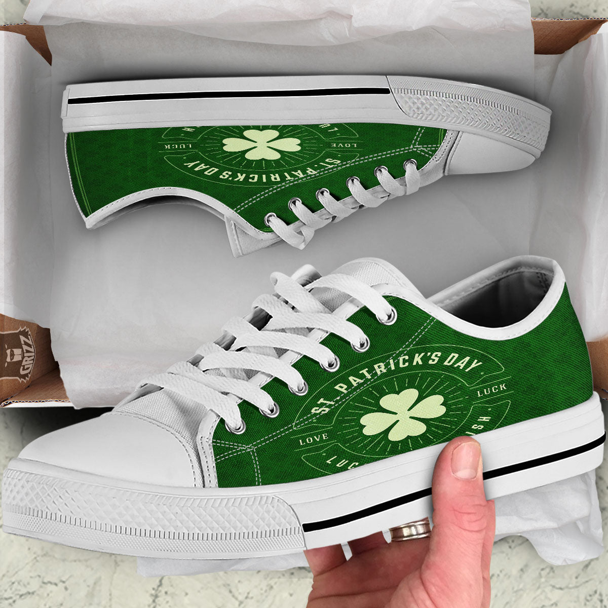 St. Patrick's Day Four Leaf Clover Print White Low Top Shoes-grizzshop