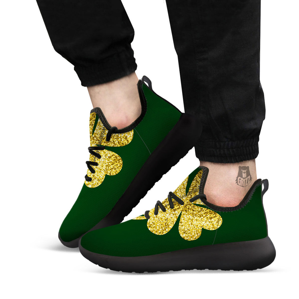 St. Patrick's Day Gold Clover Print Black Athletic Shoes-grizzshop