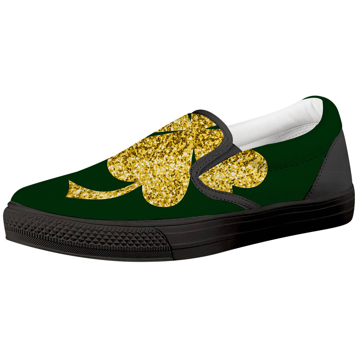 St. Patrick's Day Gold Clover Print Black Slip On Shoes-grizzshop