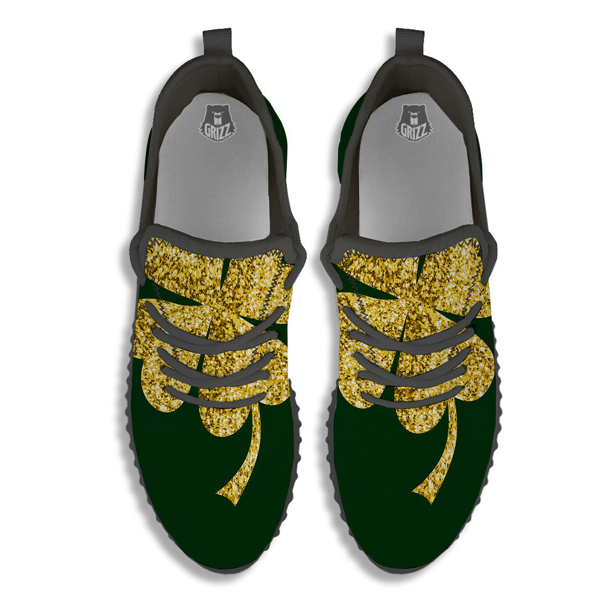 St. Patrick's Day Gold Clover Print Black Walking Shoes-grizzshop