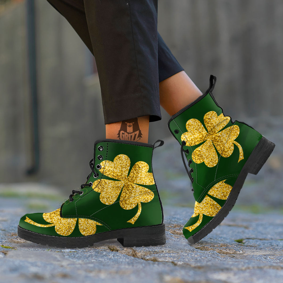 St. Patrick's Day Gold Clover Print Leather Boots-grizzshop