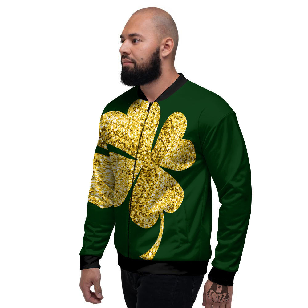 St. Patrick's Day Gold Clover Print Men's Bomber Jacket-grizzshop