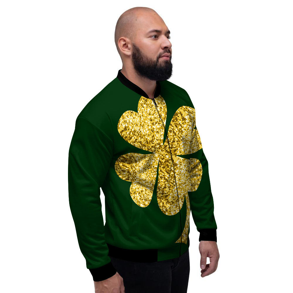 St. Patrick's Day Gold Clover Print Men's Bomber Jacket-grizzshop