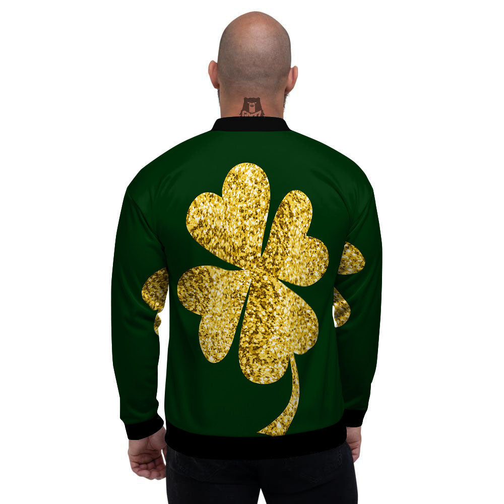 St. Patrick's Day Gold Clover Print Men's Bomber Jacket-grizzshop