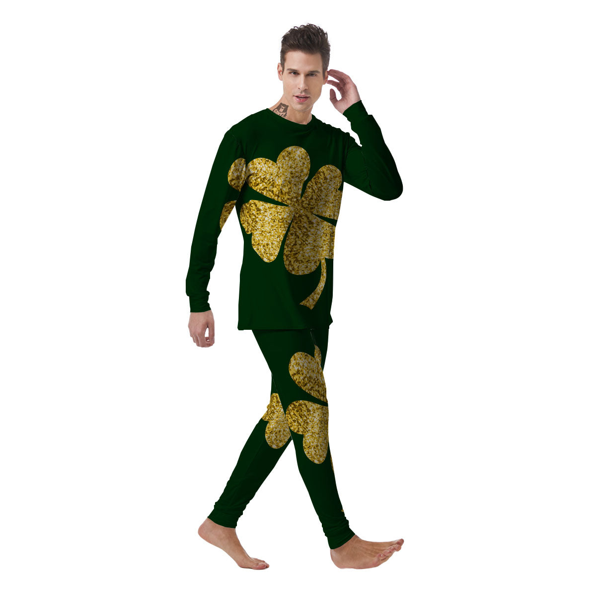 St. Patrick's Day Gold Clover Print Men's Pajamas-grizzshop