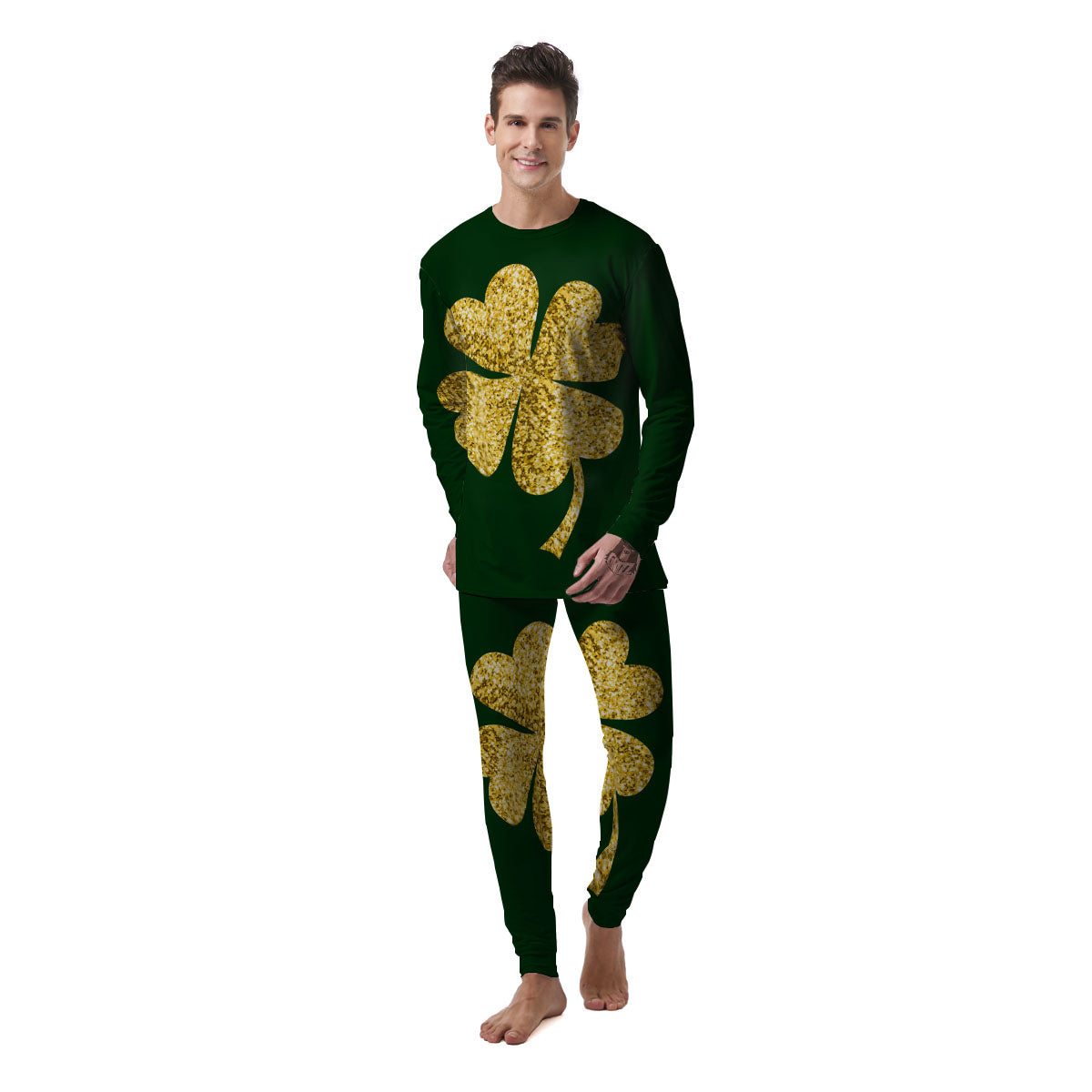 St. Patrick's Day Gold Clover Print Men's Pajamas-grizzshop