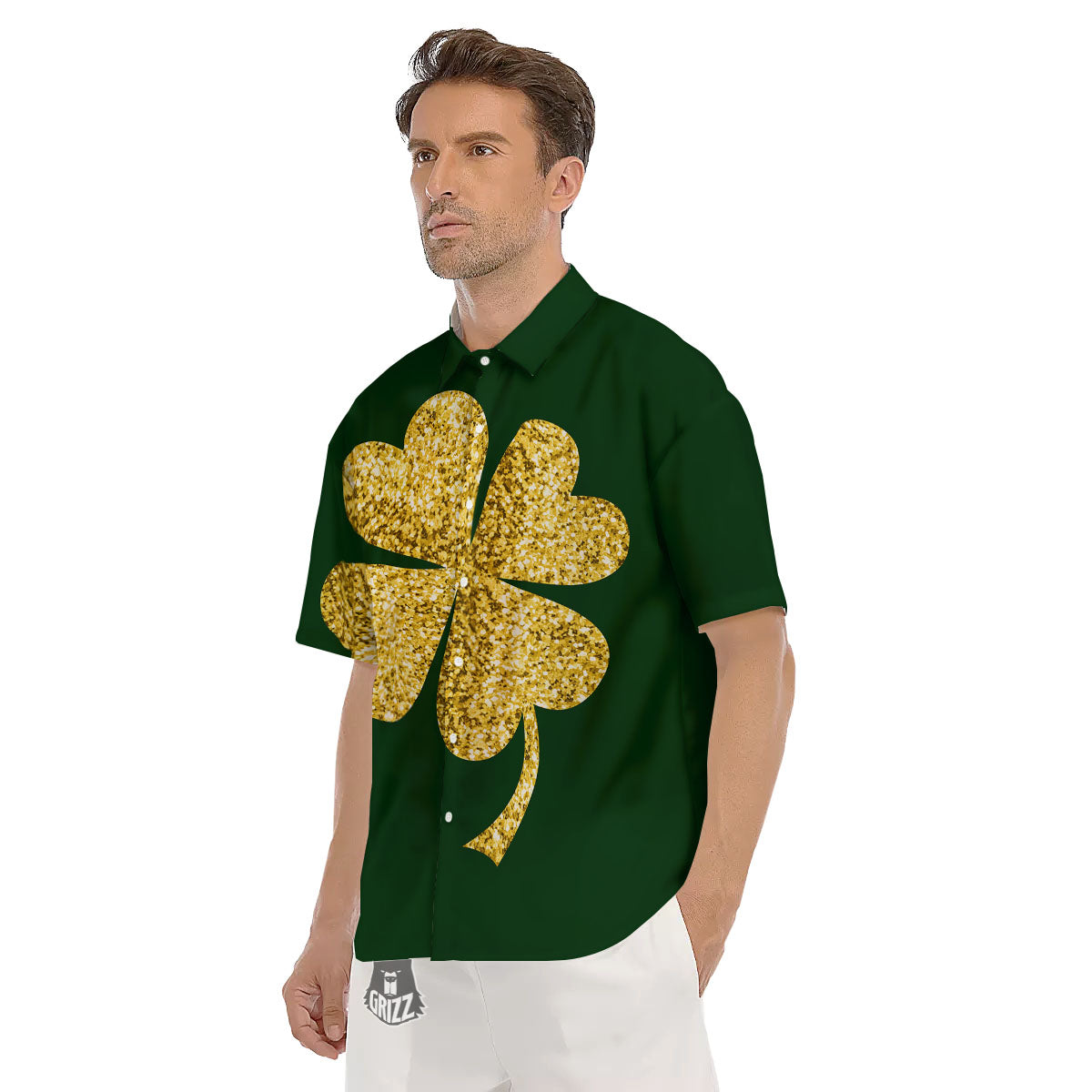 St. Patrick's Day Gold Clover Print Men's Short Sleeve Shirts-grizzshop