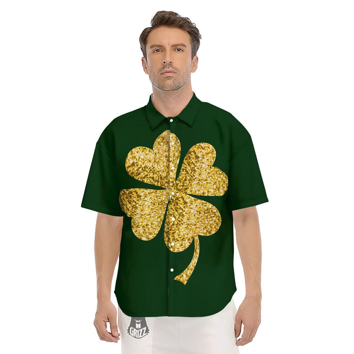 St. Patrick's Day Gold Clover Print Men's Short Sleeve Shirts-grizzshop