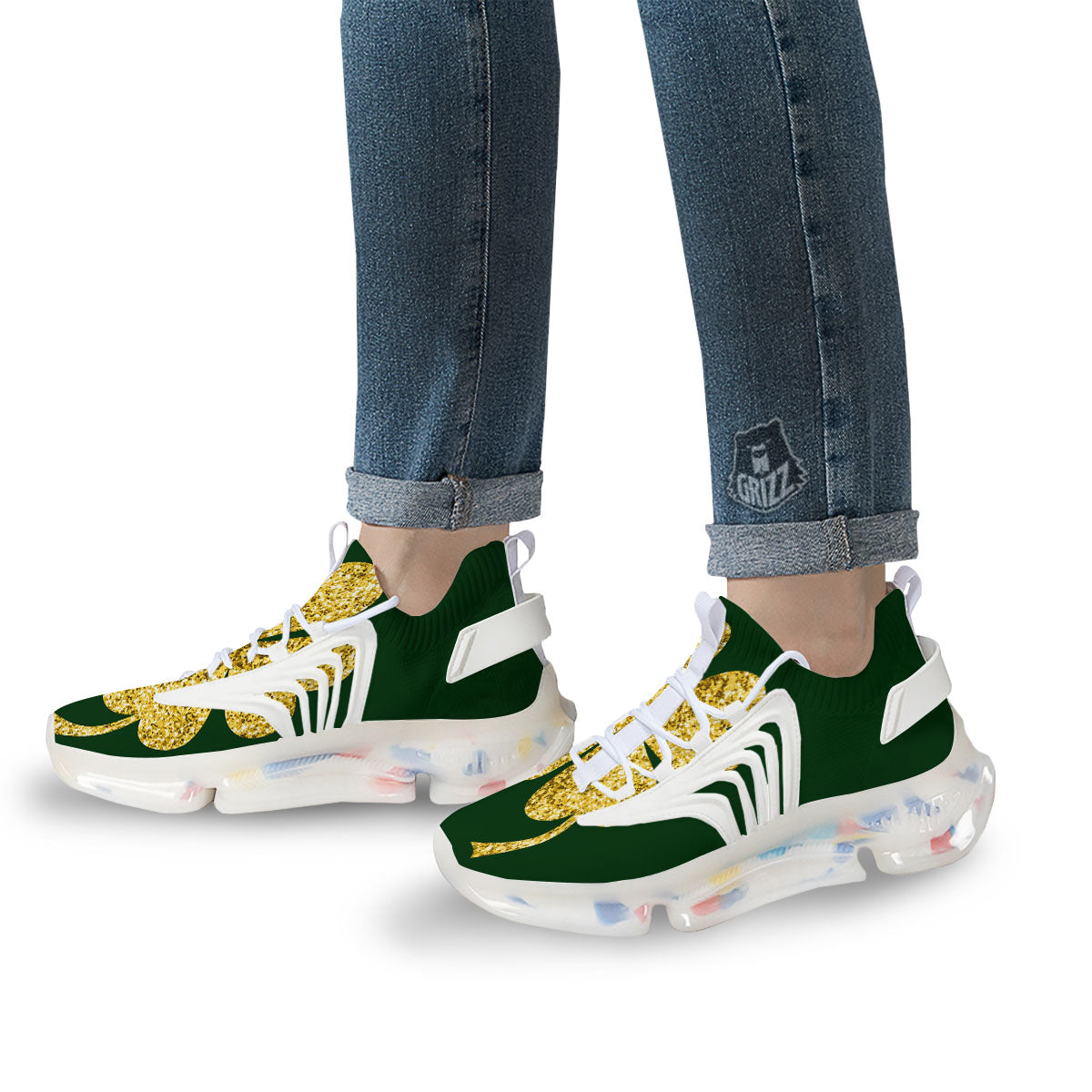 St. Patrick's Day Gold Clover Print White Gym Shoes-grizzshop