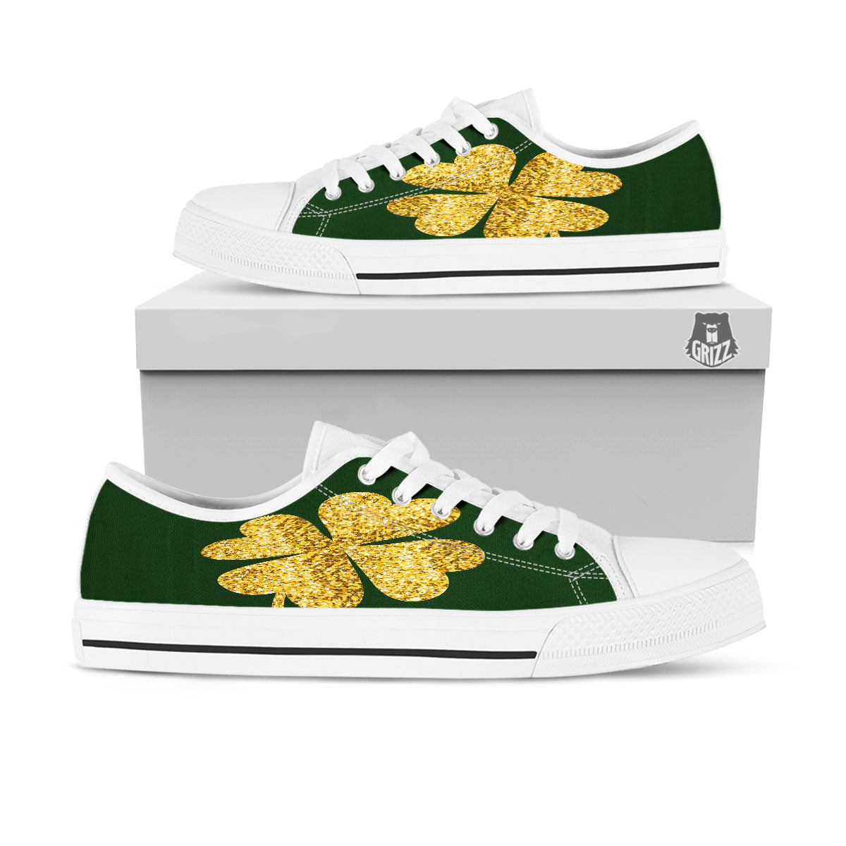 St. Patrick's Day Gold Clover Print White Low Top Shoes-grizzshop