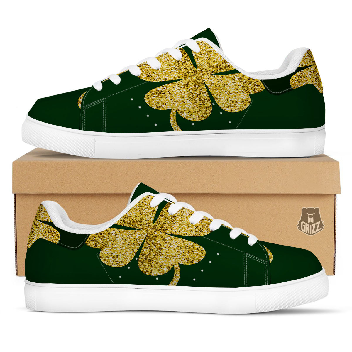 St. Patrick's Day Gold Clover Print White Low Top Sneakers-grizzshop