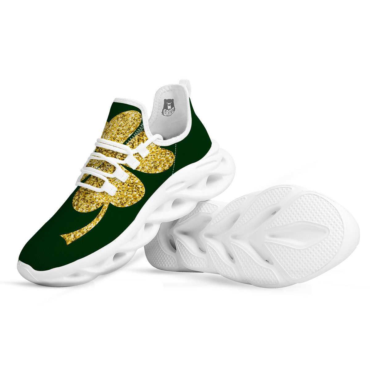 St. Patrick's Day Gold Clover Print White Running Shoes-grizzshop