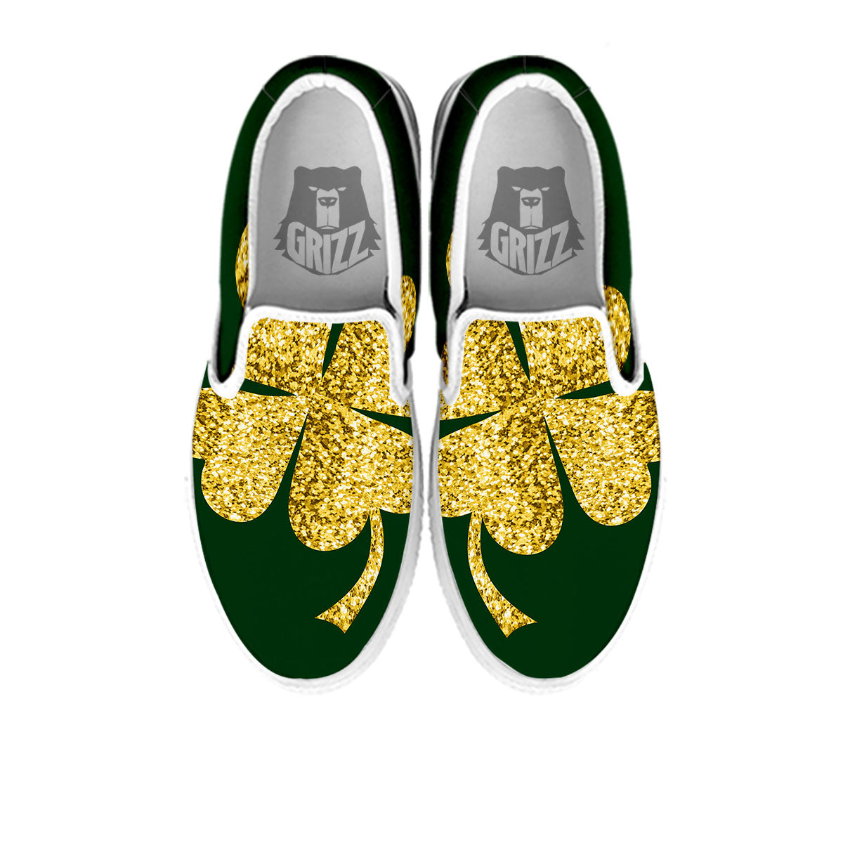 St. Patrick's Day Gold Clover Print White Slip On Shoes-grizzshop