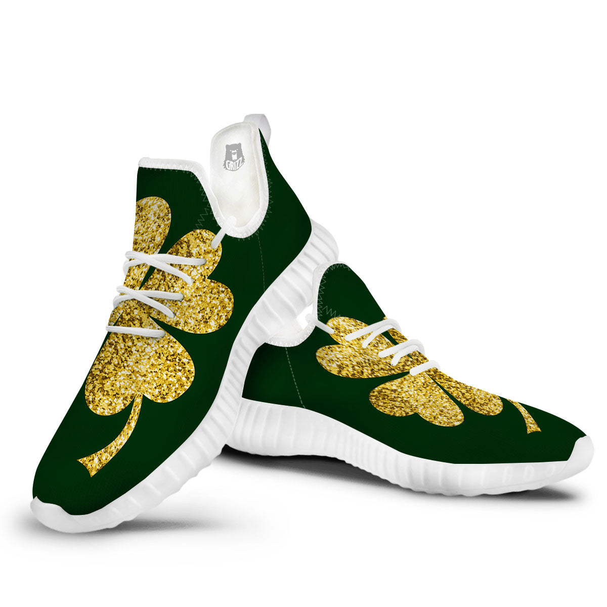 St. Patrick's Day Gold Clover Print White Walking Shoes-grizzshop