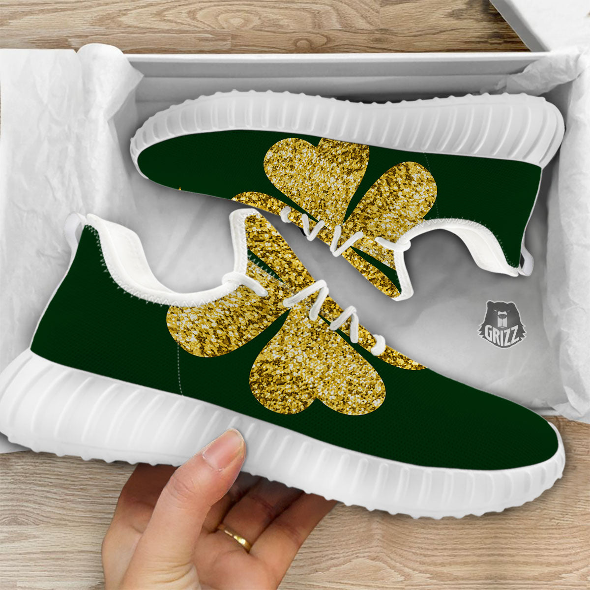 St. Patrick's Day Gold Clover Print White Walking Shoes-grizzshop