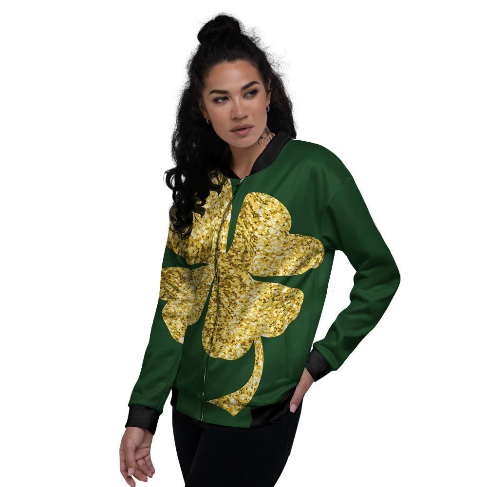 St. Patrick's Day Gold Clover Print Women's Bomber Jacket-grizzshop