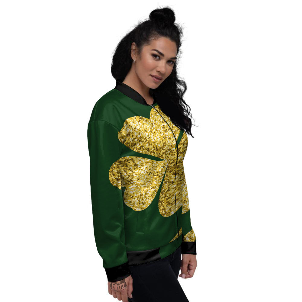 St. Patrick's Day Gold Clover Print Women's Bomber Jacket-grizzshop