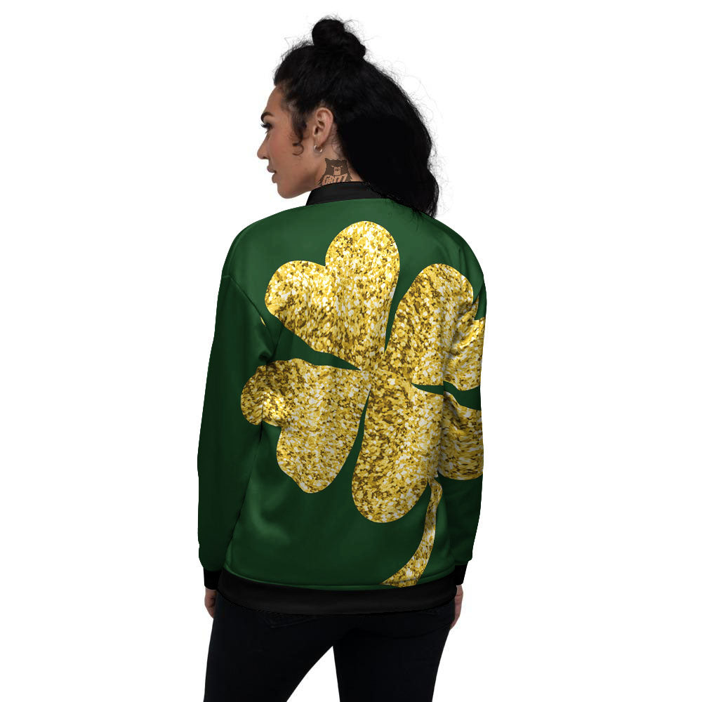 St. Patrick's Day Gold Clover Print Women's Bomber Jacket-grizzshop