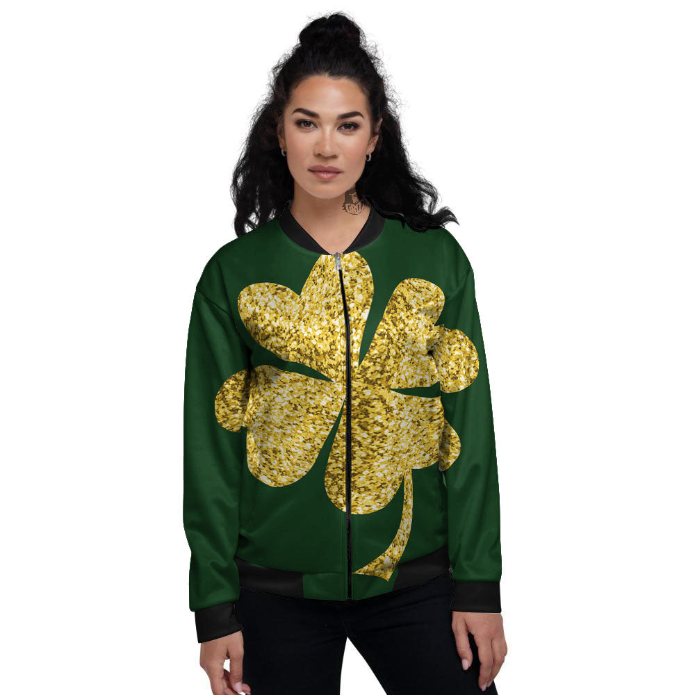 St. Patrick's Day Gold Clover Print Women's Bomber Jacket-grizzshop