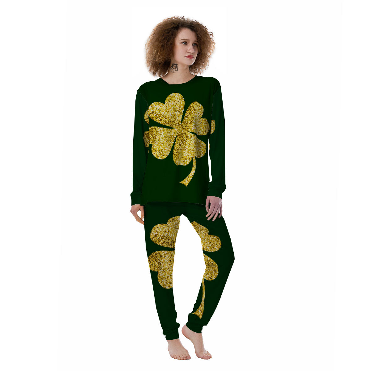 St. Patrick's Day Gold Clover Print Women's Pajamas-grizzshop